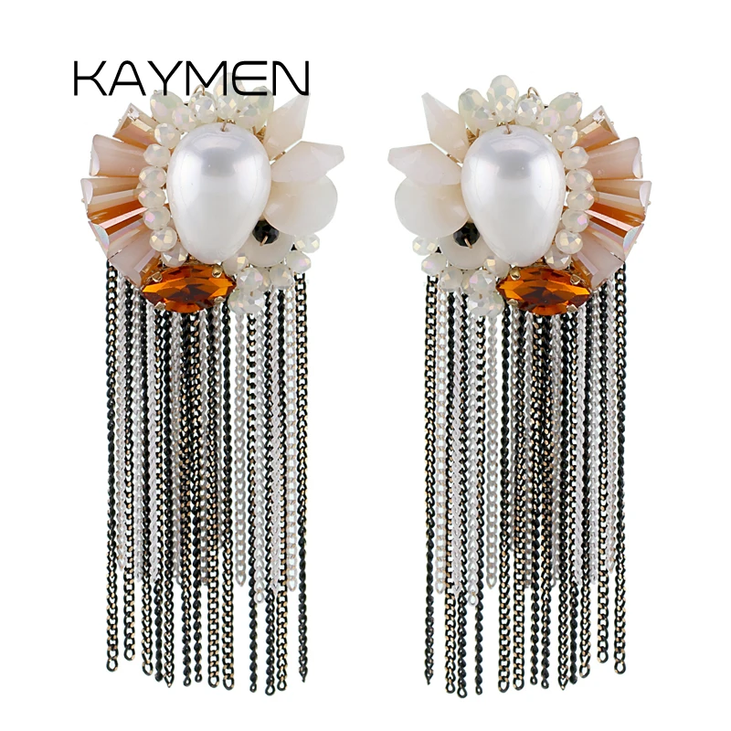 

KAYMEN New Beautiful Flower Crystal Tassels Dangle Earrings for Girls Handmade Statement Pearl Drop Earrings Bijoux 4106
