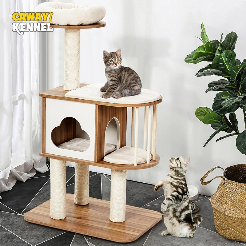 

Стабильная прочная конструкция, мебель для кошек, когтеточки, 46-дюймовое деревянное дерево для кошачьих игр с платформой, подушки, игрушки д...