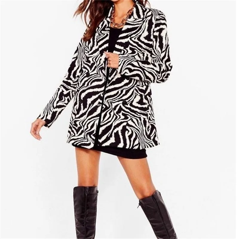 

MESTTRAF Women 2021 Fashion Zebra Pattern Double Breasted Blazer Retro Long Sleeve Welt Pocket Outerwear Streetwear