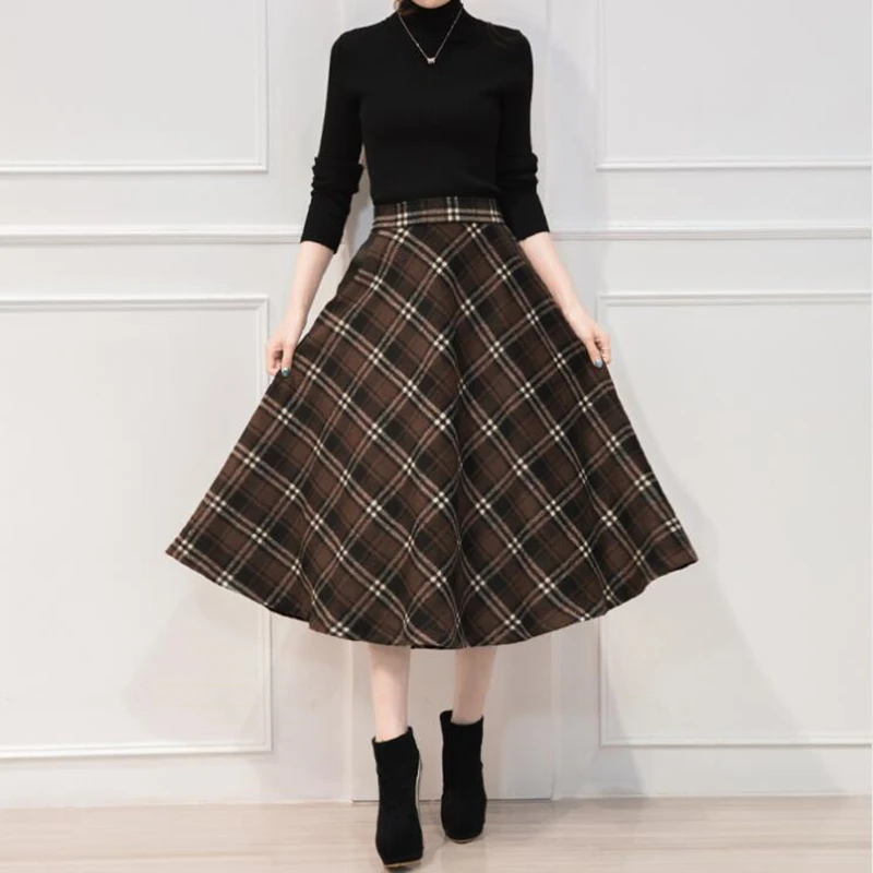 

NEW England Style Red Plaid High Waist Midi Skirts Woolen Plus Size 3XL A Line Pleated Winter Women Tartan Skirts