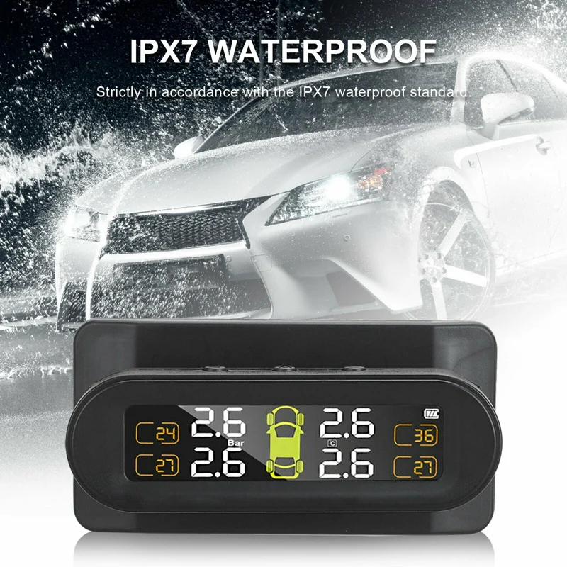 

Wireless Solar TPMS Car Windshield Tire Pressure Monitor System Adjustable LCD Color Sn with 4 External Sensors