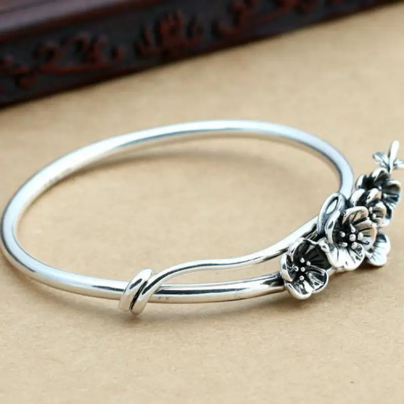 Браслет из стерлингового серебра 999 пробы с цветами сливы для женщин