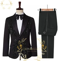 szmanlizi 2022 luxury beading black men suits groom wear terno masculino 2 pieces set slim fit tuxedos for wedding party blazer