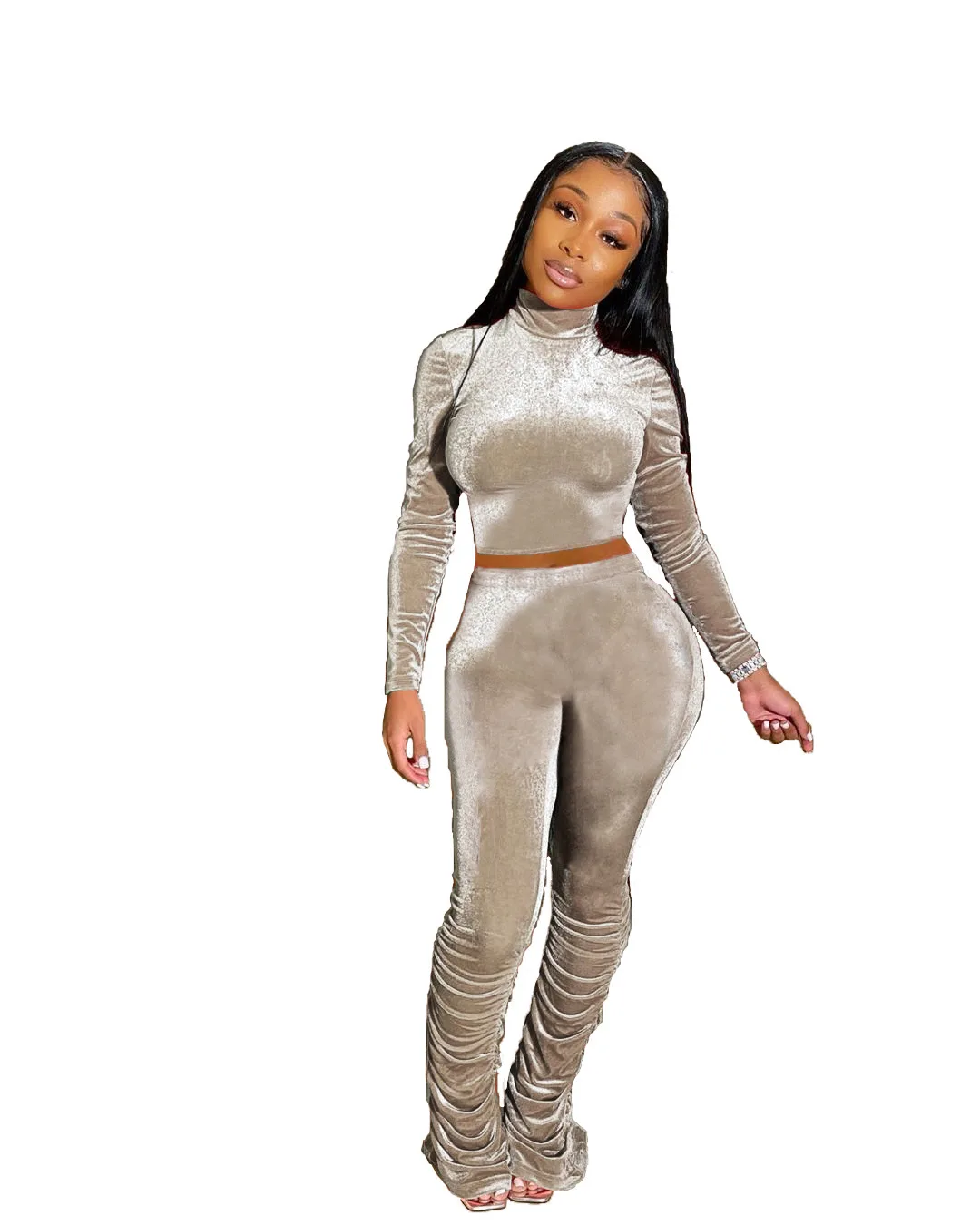 

Velvet Women 2 Piece Set Fitness 2020 Autumn Turtleneck Long Sleeve Sweat Tops High Waist Pleated Bell-bottoms Stacked Pants Set