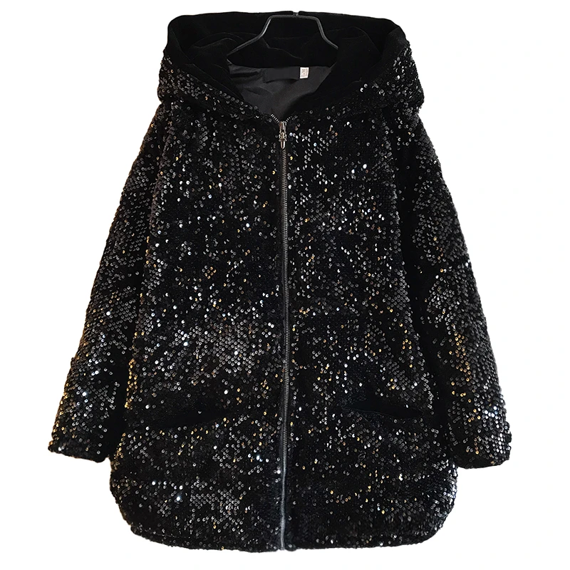 Модная зимняя куртка женская парка с капюшоном уличная блестками на хлопковой