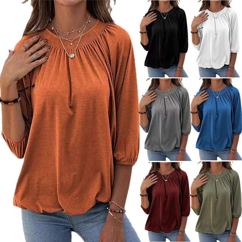 

Hot Autumn 2021 Women's Solid Color Loose Round Collar 3/4 Sleeve Pull T-shirt