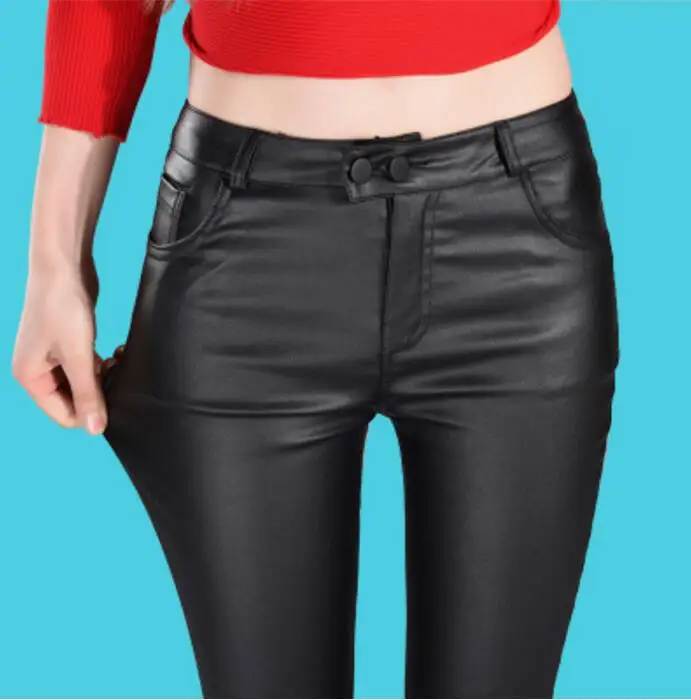 Autumn Winter women leather pants High Waisted elastic shiny trousers slim female pencil pantalon femme | Женская одежда