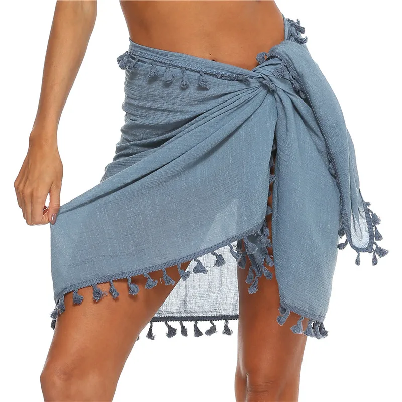 

Новинка 2020, Летняя Пляжная накидка, юбка с запахом, женский купальник, накидка на бикини, пляжная одежда с кисточками, саронг, парео, короткое...