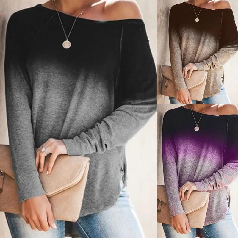 2020 Осенняя женская футболка с длинным рукавом градиентные женские футболки