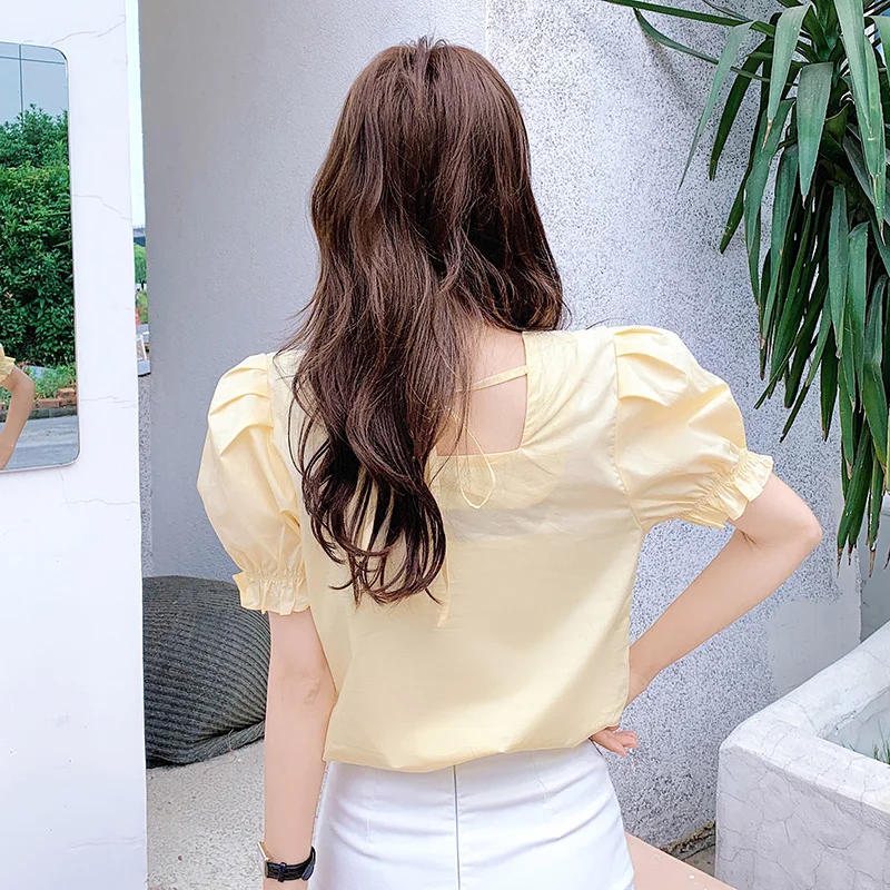 

Summer 2021 Women Blouse Fashion Hollow Out Square Collar Sweet Backless Top Lace-up Casual Puff Short Sleeve White Blusas 10046
