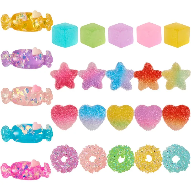 

Pandahall 100pcs/set Mixed Color Resin Cabochons Candy Heart Donut Cube Star Shape Decoration Hairpin Accessories