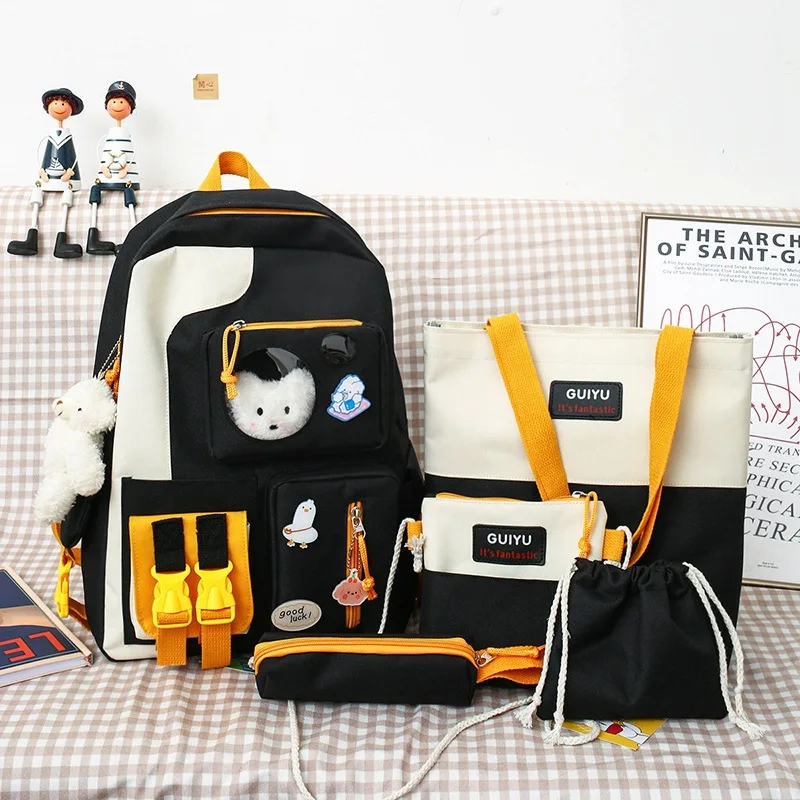 2021 милый женский школьный рюкзак, милые школьные сумки для девочек, комплект из 5 шт., школьные сумки с подвеской в виде медведя для подростко...