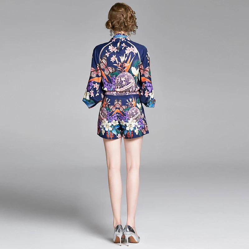 

2021 Summer Holiday Floral Printed Twinest 2 Piece Set Lantern Sleeve Bow Blouse Shirt and Pocket Shorts Mini Pant Vocation Sets