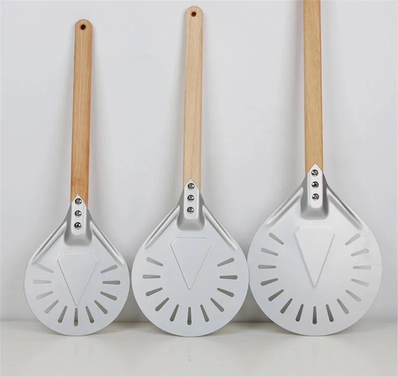 

Pizza Turning small Pizza Peel Paddle Short round Pizza Tool Non Slip wooden Handle 7 8 9 inch Perforated Pizza Shovel Aluminum