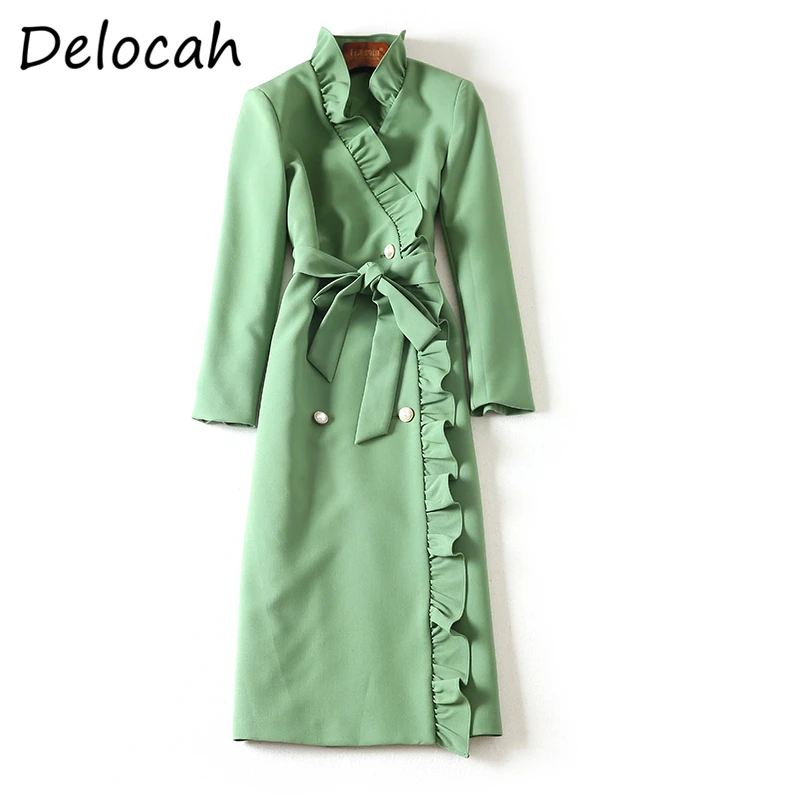 

Delocah New 2021 Women Spring Fashion RunwayTrench Coats Ruffles Double Breasted Bow Sashes Solid Print Ladies Coats Overcoat