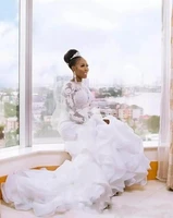 african nigerian plus size long sleeves mermaid wedding dresses ruffles train bridal gowns lace apliques