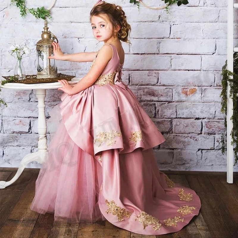 

Dark Pink Stunning Couture Flower Girl Dress Birthday Gold Appliqued Wedding Party Dresses Costumes First Comunion Drop Shipping