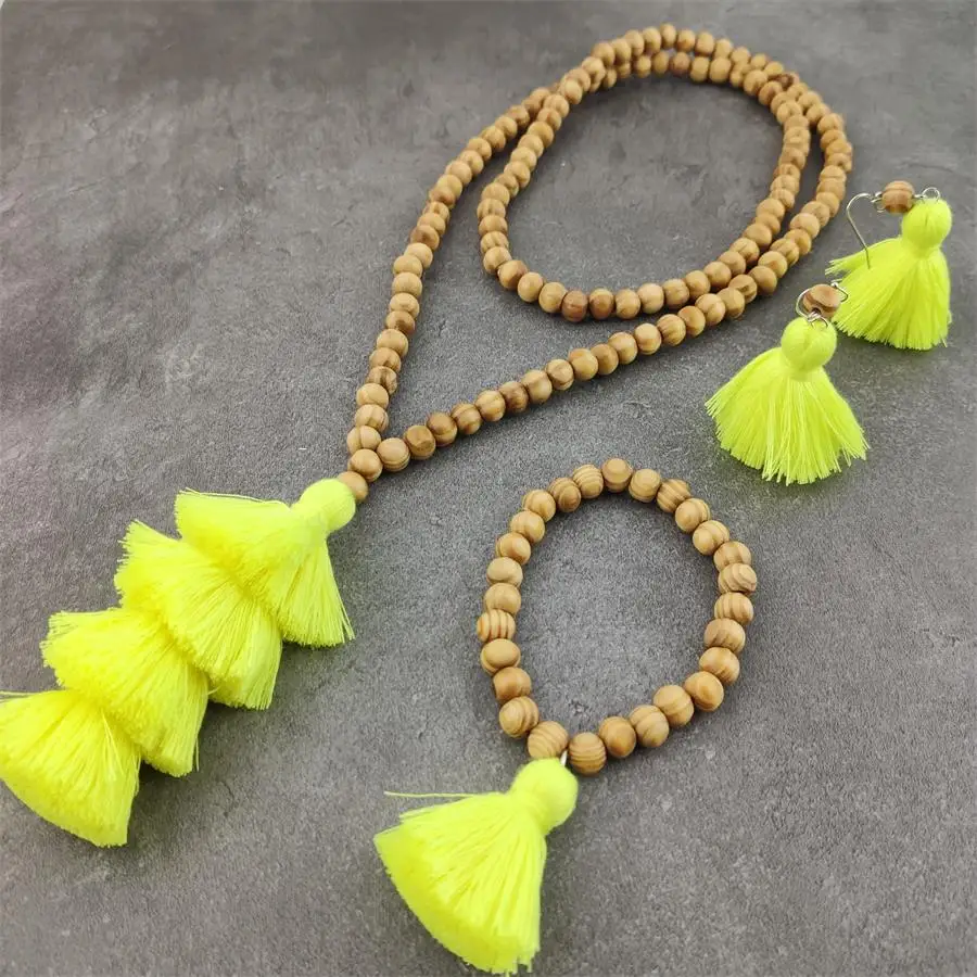 

Women Tassel Wooden Beads Necklace Pendant Chain Jewelry Accessory multi layer tassel set Shape Bohemian Style Necklace Gif
