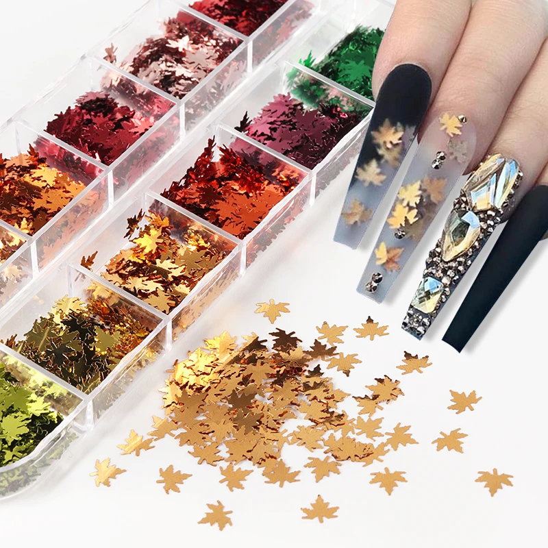 

Mirror Maple Leaf Glitter Sequins Metallic Leaves Sparkly Flakes For Fall Nail Design Xmas Gel Polish Nail Accessories RK140163