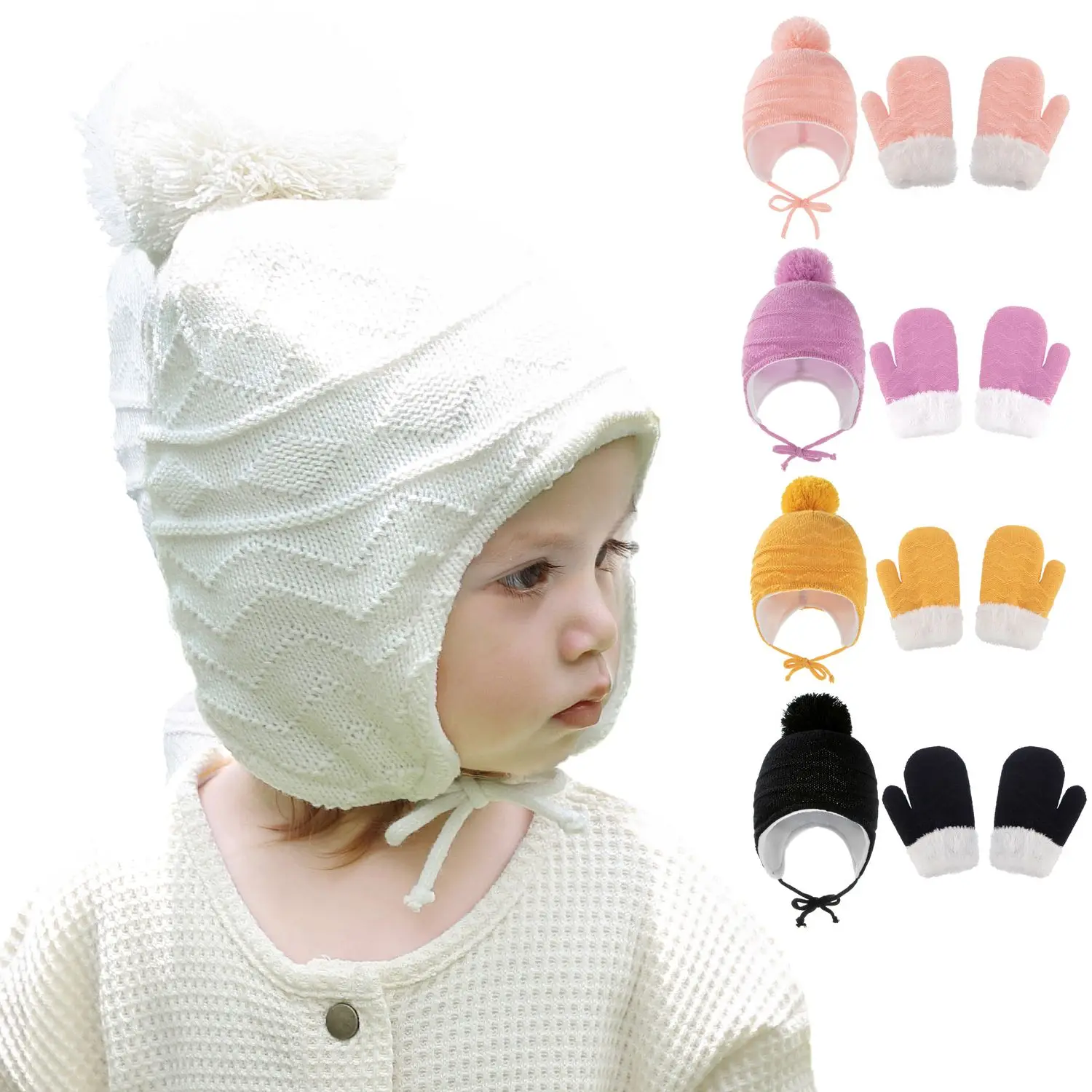 

Toddler Fleece Lined Winter Warm Pom Pom Hat Earflap Beanie Hat Mittens Kids Hat Gloves Set For 0-3 Years