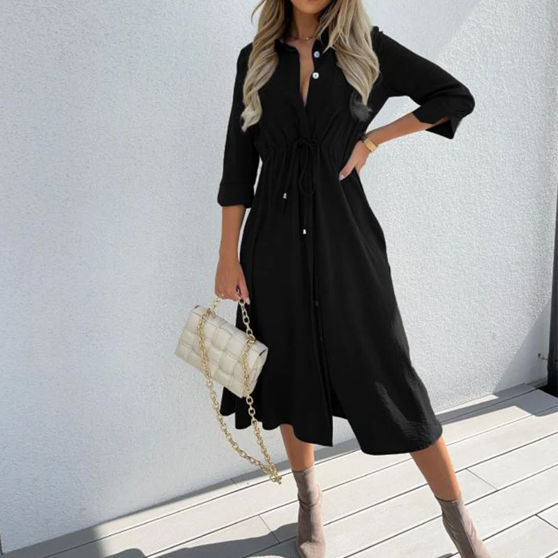 

Women Elegant Solid Color Office Long Dress Autumn O Neck Button Elastic Waist Belt Dress Casual Long Sleeve Lady Vestidos 2021