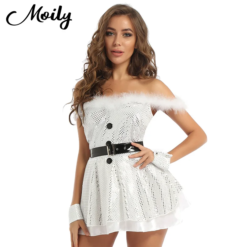 Новинка женское белое блестящее платье без рукавов костюм Рождественская одежда