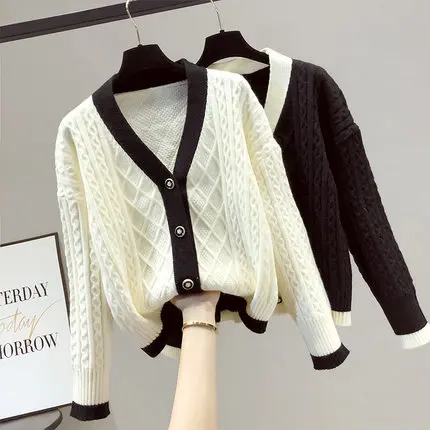 Женский трикотажный кардиган белый свитер с V-образным вырезом и карманами 2021 |
