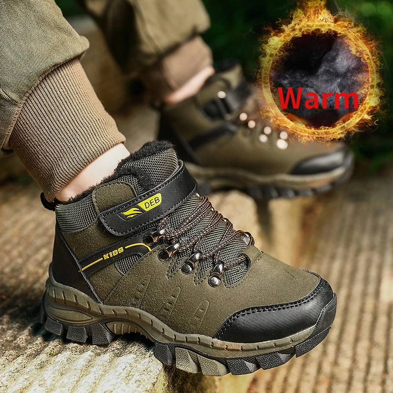 Kids Winter Shoes for Boys Brand Warm Boots Army Green Sport Training Shoes Anti-Slip Basket Boys Hiking Shoes High Top Sneakers