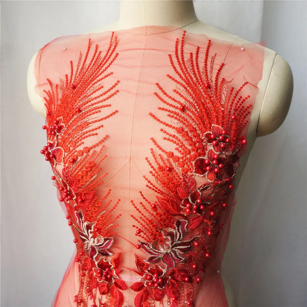 Красная кружевная ткань цветок кисточки бусины вышитая стразами Аппликация для