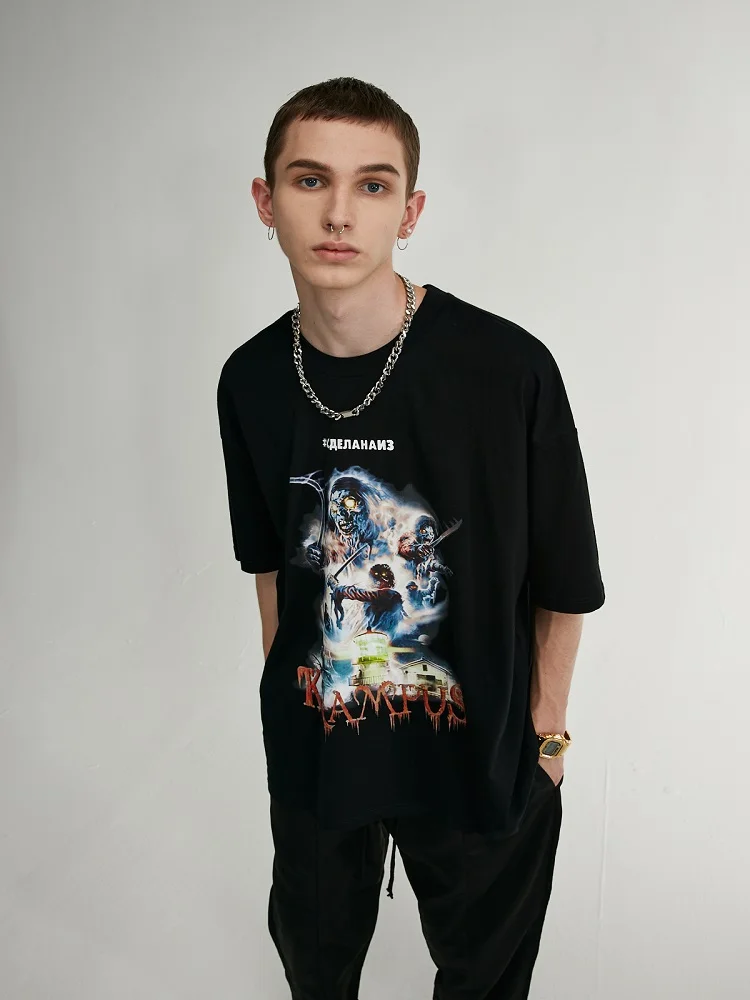 

2021 summer new high street dark wind demon print oversize short-sleeved T-shirt men