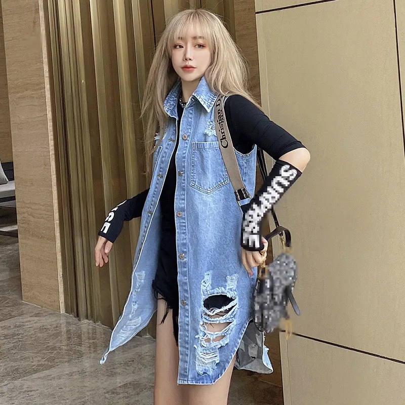 

Standing Lady's Denim Jacket Long Ripped Sleeveless Hole Vest 2021 Plus Size Summer Jean Outwear Fashion Casual Coat