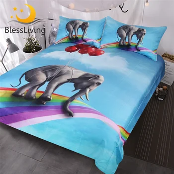 BlessLiving 3D Bedding Set Sky Blue Duvet Cover Elephant Riding Balloons Rising 3 Piece Rainbow Cute Bedspreads for Kids Teens 1