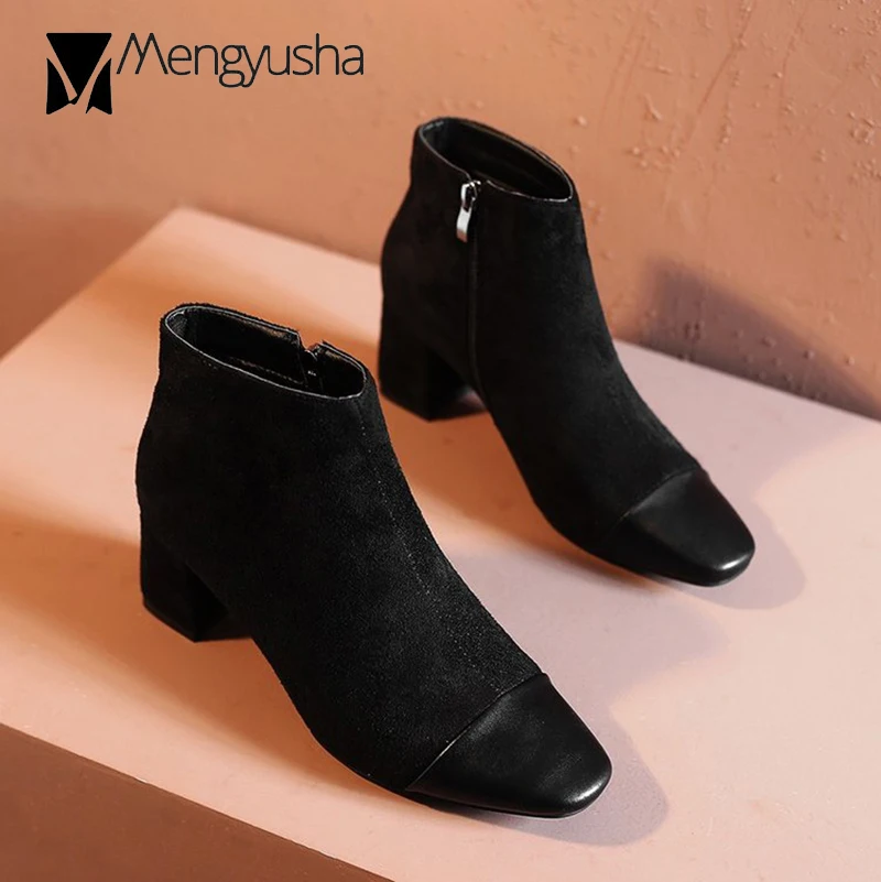 Черные Лоскутные Швейные короткие зимние ботинки женские Ботинки martin из флока на