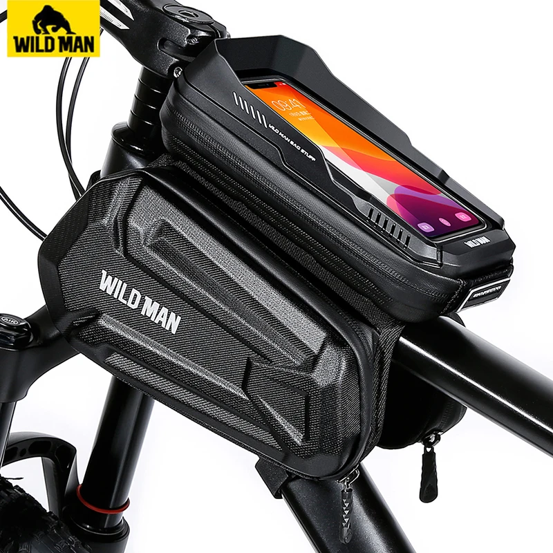 WILD MAN Rainproof Bicycle Frame Bag Front Hard Shell Bike Top Tube Bag Touch Screen Cycling Phone Bag 6.7 Inch Bike Accessories