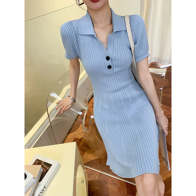 

2021 Summer Sweater Knit Dress for Women Short Sleeve Solid White Blue A-Line Casual Elegant Robes Vestidos Harajuku Korean Lady