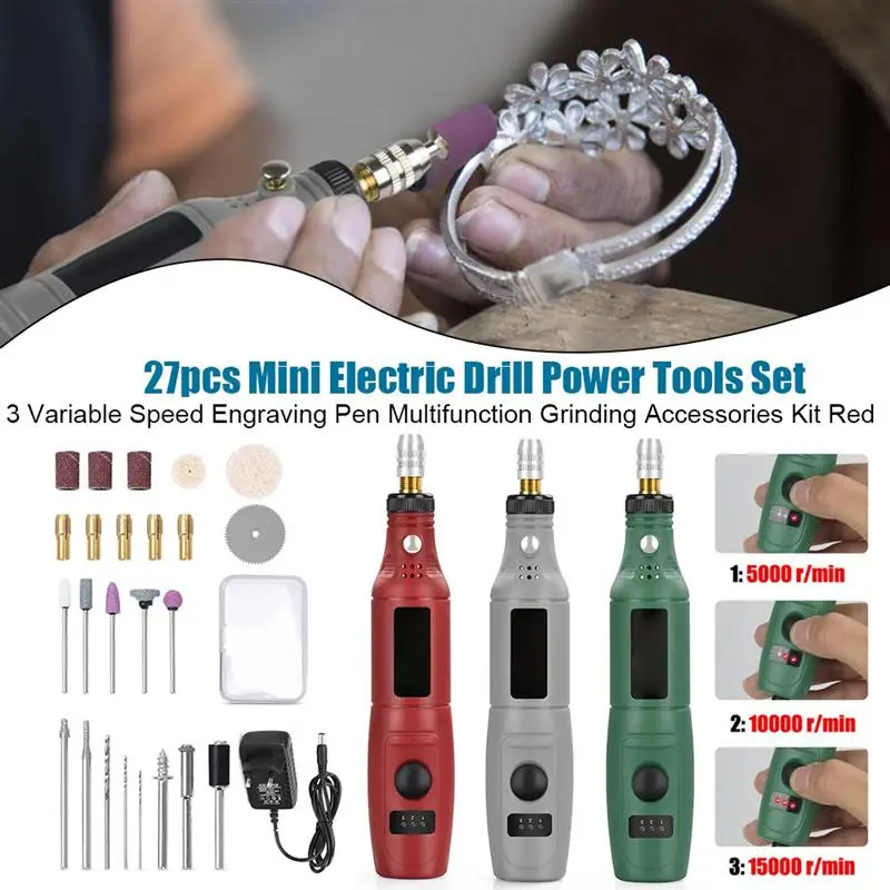 

27pcs Mini Electric Drill Power Tools Set 110V-240V US EU Plug 3 Variable Speed Engraving Pen Multifunction Grinding Accessories
