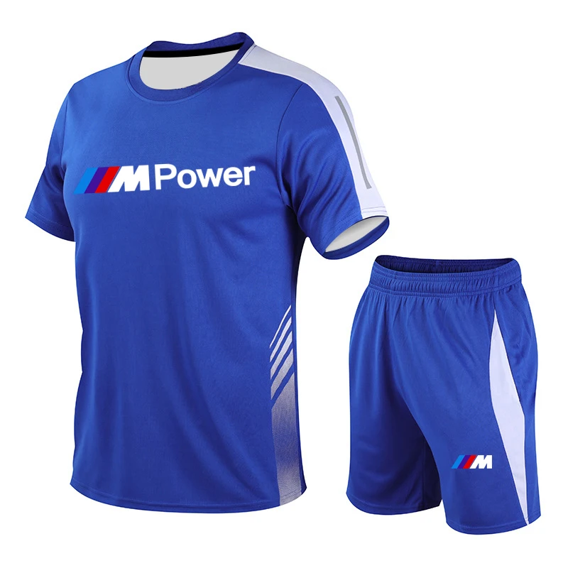 

Summer Men's Suit Sportswear Brand BMW Print Running Gym Training Suit Mesh Quick-Drying O-Neck T-shirt Shorts 2-Piece Set