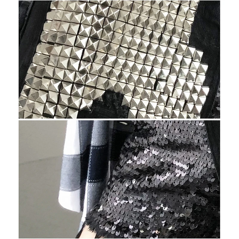 

High Waist Ripped Hole Rivet Short Jeans Women Black Fashion Sequins Jeans Shorts Spring Summer Streetwear Loose Jeans