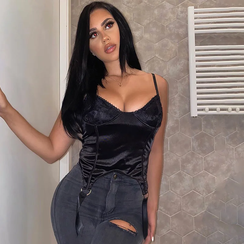 

Spaghetti Strap Sleeveless Sexy Lace Crop Top Women's Hem Assymmetric Streetwear Summer Black Tops Casual Tank Women