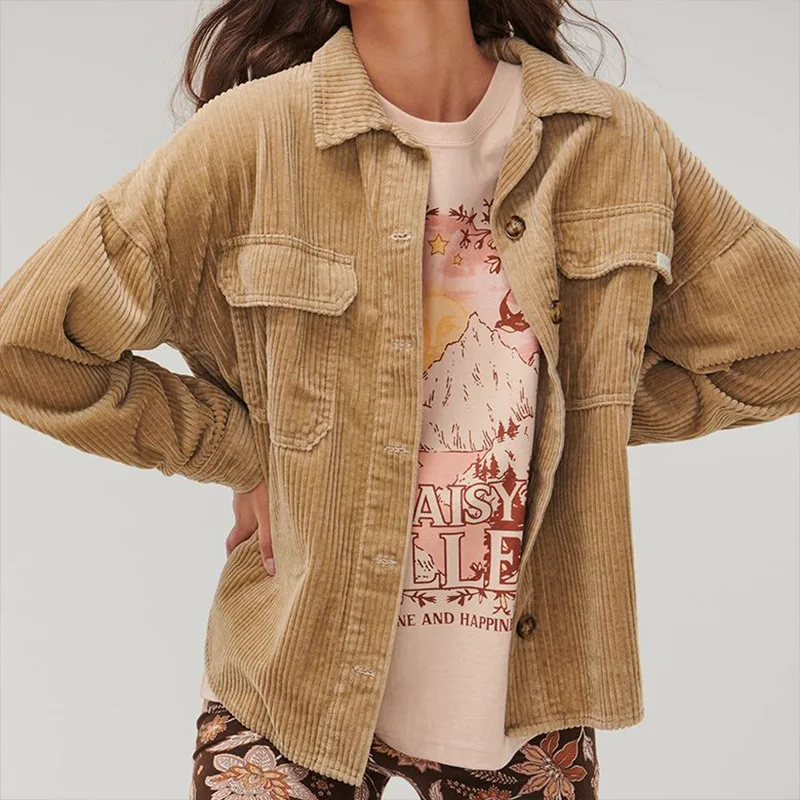 

Винтажная Вельветовая рубашка цвета хаки на пуговицах, блузка, женская Повседневная Свободная рубашка с отложным карманом и длинным рукаво...