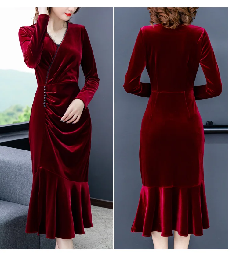 Женское бархатное платье с юбкой годе красное оборками Роскошная Одежда для