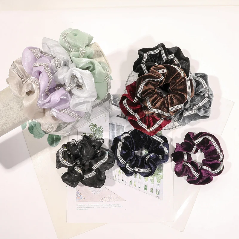 

2021 Girl 1PC Velvet Hair Scrunchies With Crystals 11 Designs Elastic Hair Bands Ponytail Holder Hair Accessories For Women