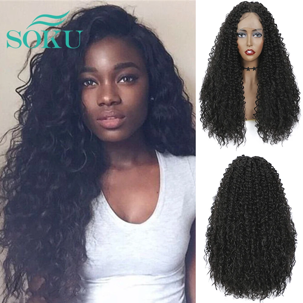 

Afro Kinky Curly Lace Front Wig Natural Color SOKU Middle Part Heat Resistant Hair Synthetic Lace Front Wigs For Black Woman