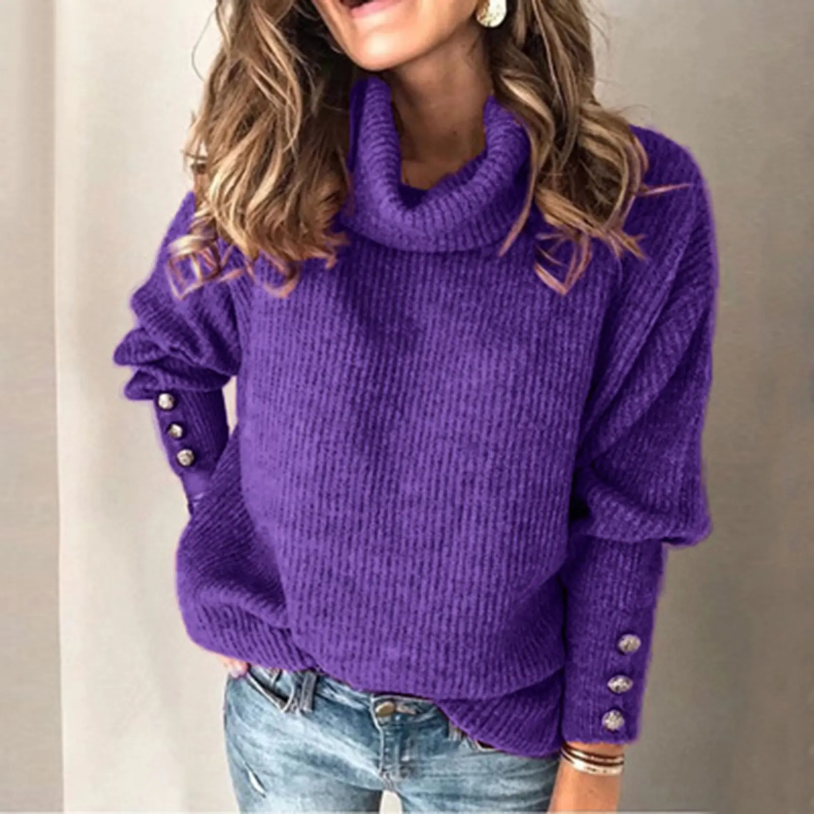 

Autumn And Winter Women'S Tops High-Neck Solid Color Stretch Knit Sweater Turtleneck Pullovers Sweaters