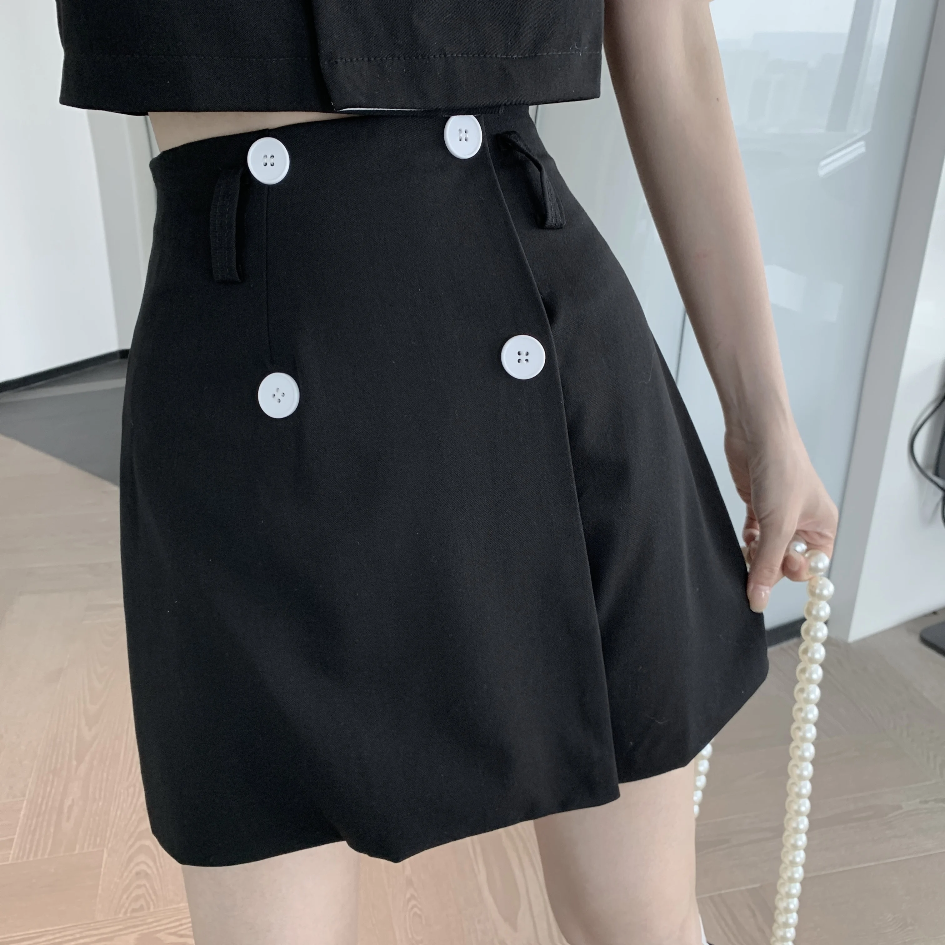 

2021 Summer Chic Korean 2 Piece Set Temperament Retro Elegant Hit Color Double breasted Top + Irregular A-Line Skirts suit