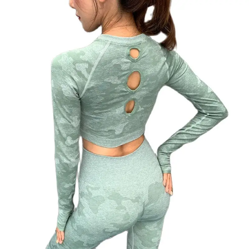 

Yoga Set Women Seamless Camouflage Long sleeves Tops Shirt High Waist Leggings Fitness Sport GYM Camo Suits Tight Workout pants