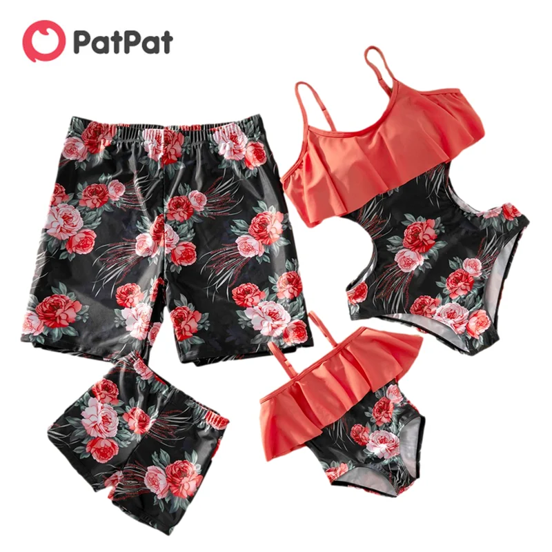 

PatPat New Arrival Summer Flounce Floral Print Matching Family Swimsuits Family Look Floral full print Color block One-piece Set