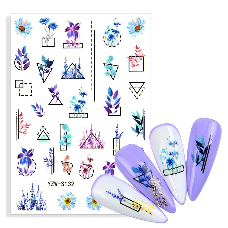 

Abstract Geometric Lines Nail Stickers Noble Purple Bouquet Decals for DIY Nails Art Flower Line Spring Manicure Decoration