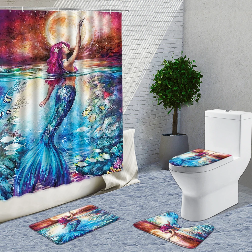 

The Sea Cartoon Mermaid Oil Painting Bathroom Shower Curtain 4Pcs Sets Polyester Bathtub Screen Shower Curtain Set Bath Mats Rug