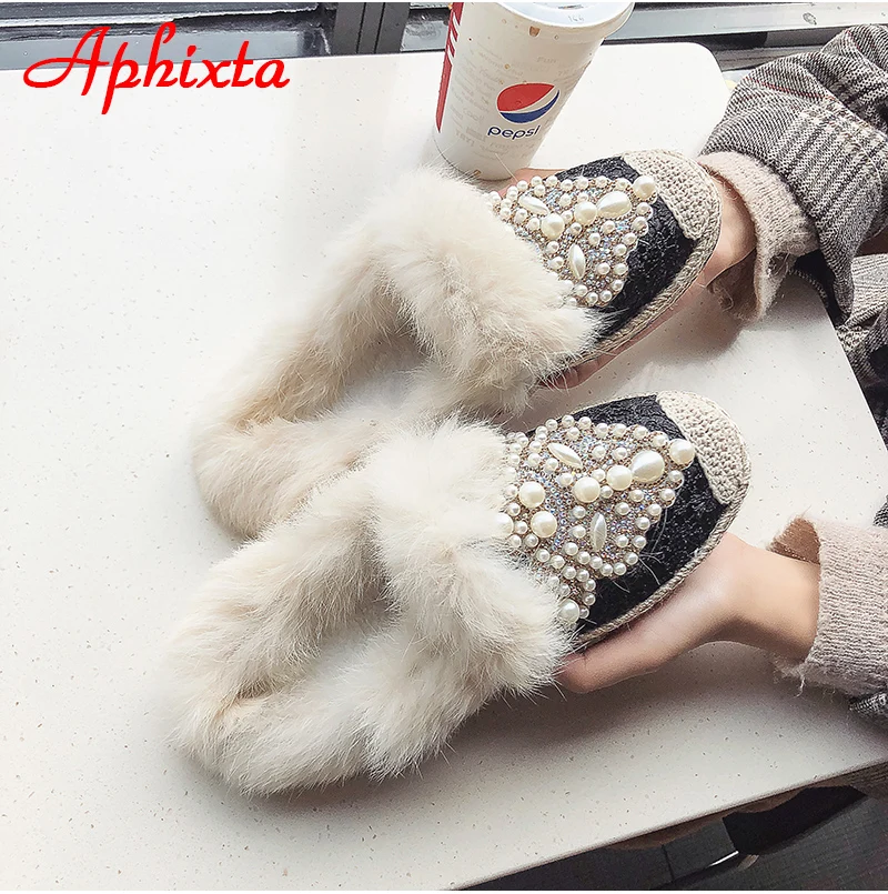 Aphixta зимние теплые тапочки с натуральным мехом; женская обувь на шнуровке с жемчугом и кристаллами; шикарная плюшевая женская обувь с натуральным кроличьим мехом